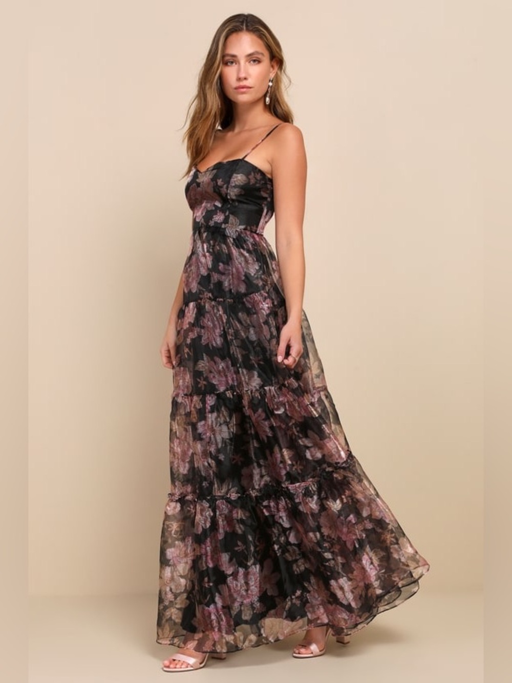 Like New Lulus Glamour Black Floral Organza Tiered Maxi Dress size large